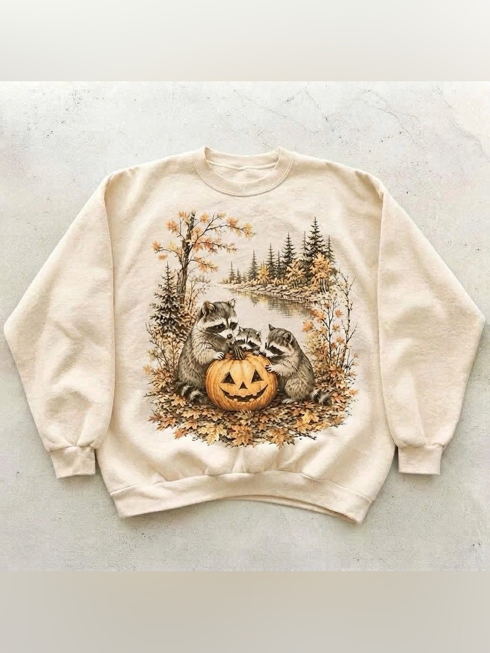 Vintage Cream Crewneck Sweatshirt with Raccoon & Pumpkin Autumn Graphic